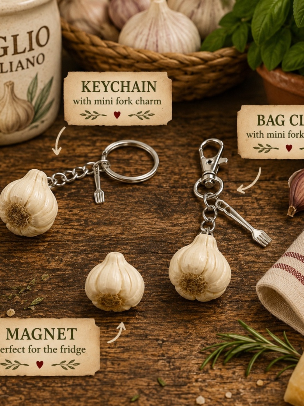 Garlic Keychain, Bag Clip or Magnet | Handmade Italian Food Accessory, Gift